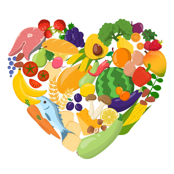 Zdravé jídlo ve tvaru srdečního vektoru izolované. Správný výživový koncept. Zelí a ovoce, ryby a maso. Bobule, červený pepř, brokolice a další produkty. Jez zdravě. - Vektor, obrázek