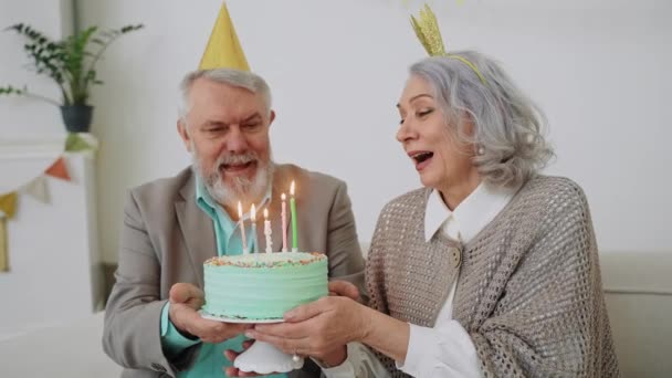 Een stel blaast een kaars op een taart en lacht om het verjaardagsdiner. Pastelkleurige partij. Gelukkige grootmoeder en grootvader. Hoge kwaliteit 4k beeldmateriaal - Video