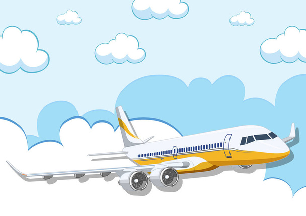 Kreskówkowa ilustracja komercyjnego samolotu lotniczego lecącego na jasnym błękitnym tle nieba - Wektor, obraz