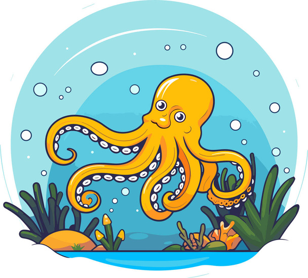 Cute Cartoon Octopus Underwater Vector Illustration - Vector, Image