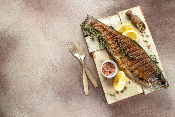 grilled trout fish, Restaurant menu, dieting, cookbook recipe top view, - Photo, Image