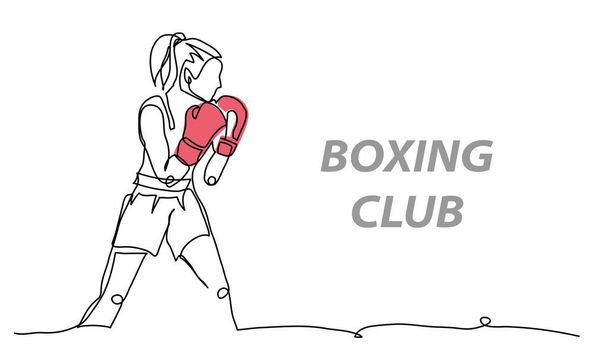 Boxing girl vector illustration. One continuous line art drawing of sporty boxing girl punching use red gloves. - Vector, Image