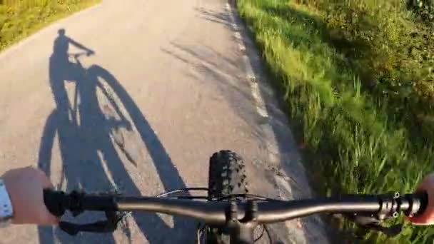 Donna di mezza età in bicicletta sulla strada di campagna soleggiata - Filmati, video