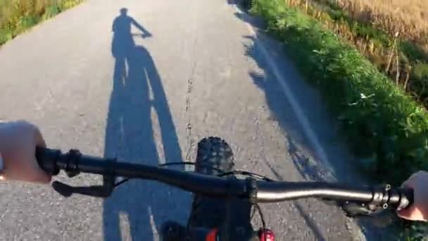 Vrouw van middelbare leeftijd fietst op een zonnige landweg - Video
