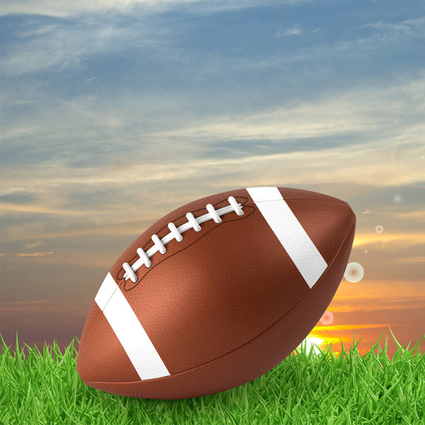Amerikkalainen jalkapallo nurmikolla auringonlaskua vastaan. 3d-renderointi - Valokuva, kuva