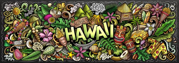 Ilustración rasterizada con garabatos temáticos de Aloha Hawaii. Diseño de pancartas vibrante y llamativo, capturando la esencia de la cultura y las tradiciones hawaianas a través de símbolos de dibujos animados juguetones - Foto, imagen