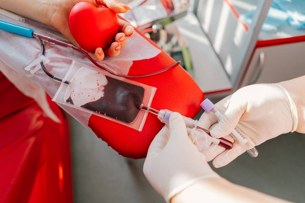 Young woman making blood donation in hospital. A woman donates blood while holding a red heart. Blood donation. - Photo, Image