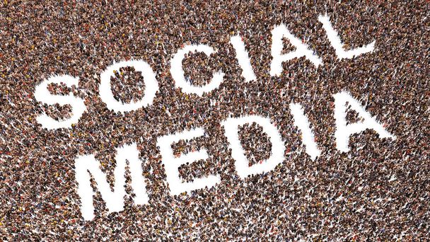 Conceito conceitual grande comunidade de pessoas formando palavra MEDIA SOCIAL. 3d ilustração metáfora para comunicação e conexão, networking e tecnologia, publicidade, global e mundial  - Foto, Imagem