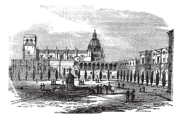 Historiallinen katedraali rakennus Guadalajarassa, Meksiko vintage engra
 - Vektori, kuva