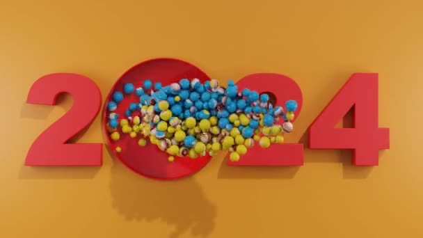 3d animation of the date of the new year 2024. The balls are poured out and form a pattern, a sign of pacifism on the Ukrainian flag. The idea of a peaceful future. A future without war. - Footage, Video