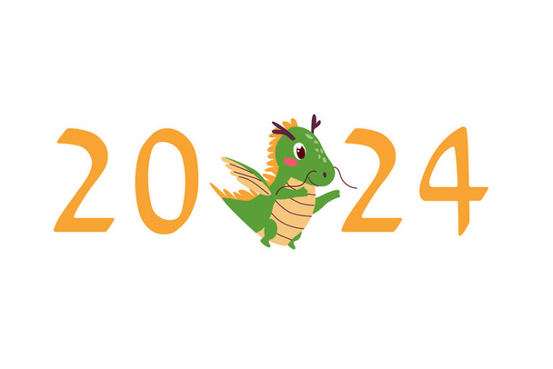 cute logo template 2024 year of dragon for greeting card or calendar. Vector illustration in a flat style. Cheerful small dragon and 2024 numbers of year, usable for children calendar.  - Vector, Image