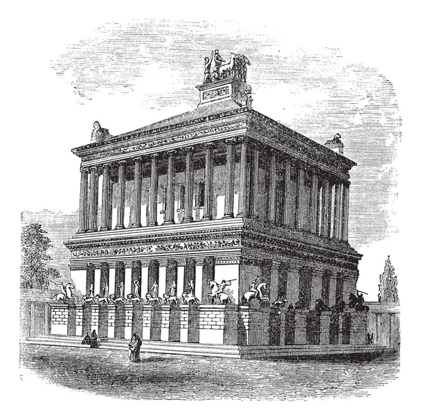 Mausoleum at Halicarnassus or Tomb of Mausolus vintage engraving - Vector, Image