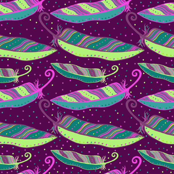 Seamless  hand drawn pattern iridescent violet bird feathers. Vector illustration. - Vector, Image