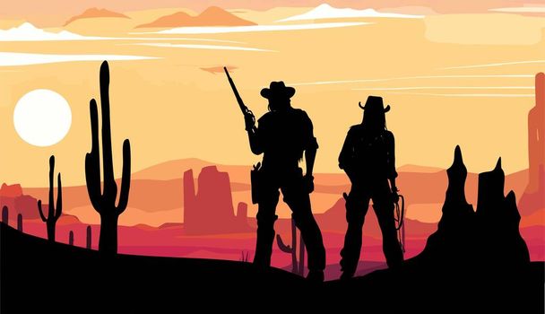 砂漠の日没の風景の背景に対して銃とラソのシルエットで立っている2人のカウボーイ. カウボーイとカウガールベクターアートイラスト. テキサス州西部ワイルドウェスト砂漠の旗. - ベクター画像