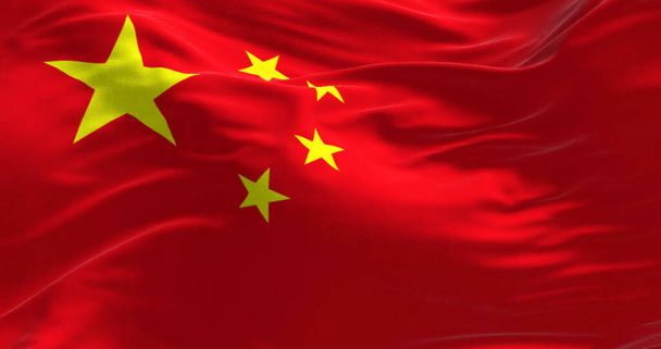 Primo piano della bandiera nazionale della Cina che sventola nel vento. Fondo rosso, cinque stelle gialle. Il più grande simboleggia la guida del Partito comunista cinese. Rendering illustrazione 3D. Tessuto increspato - Foto, immagini