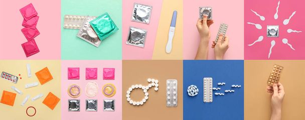 Collage de diferentes anticonceptivos y prueba de embarazo sobre fondo de color - Foto, imagen
