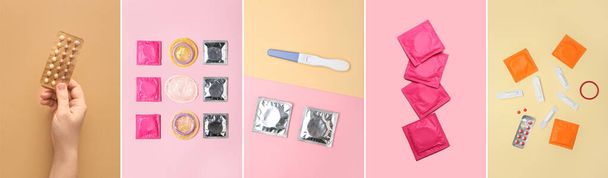 Collage de diferentes anticonceptivos y prueba de embarazo sobre fondo de color - Foto, Imagen