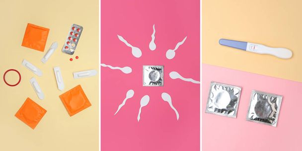 Collage verschiedener Verhütungsmittel und Schwangerschaftstest auf farbigem Hintergrund - Foto, Bild