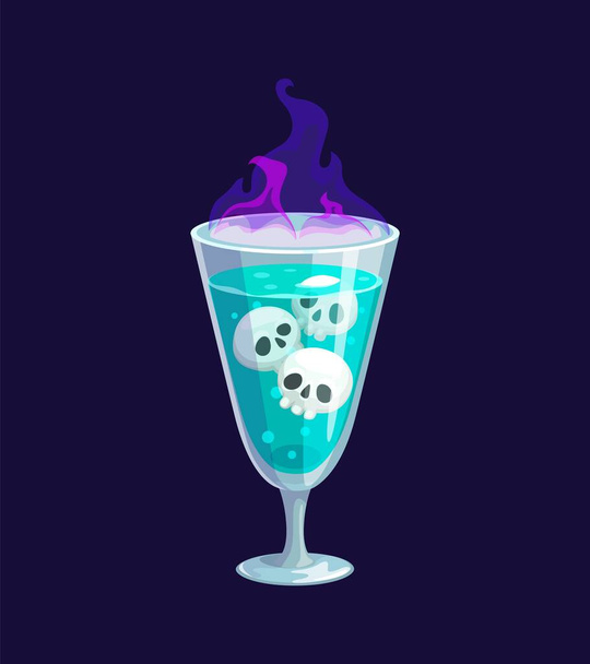 Halloween juhla cocktail juoma. Eristetty vektorihenkien syöjä. Selkärankaa viilentävä juoma, jossa on kallonmuotoinen jää, välkkyy violetissa tulessa. Pelottava ilo, joka herättää epäkuolleita viboja - Vektori, kuva