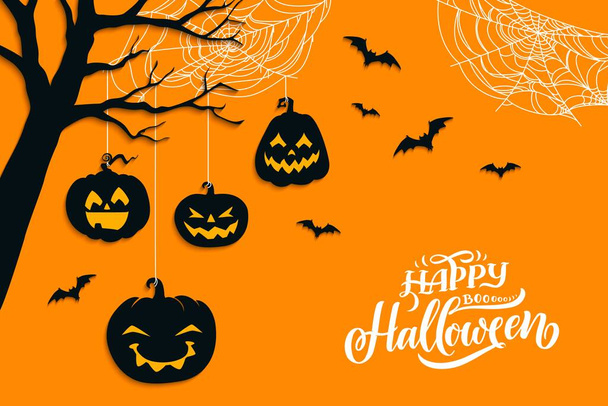 Halloween sütőtök a fán, ünnep horror boo denevérek és pókháló, vektor poszter. Boldog Halloween üdvözlőlapot és hátborzongató éjszakai party poszter hátborzongató kísérteties sütőtök és pókháló a fa sziluett - Vektor, kép