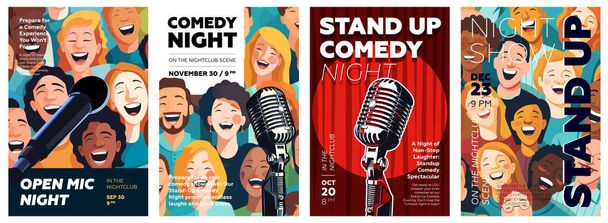 Stand up comedy show poster set. Open mic night funny event flyer and print template collection. Vintage microphone with laughing people on promo placard. Typography banner design. Vector illustration - Vector, Image