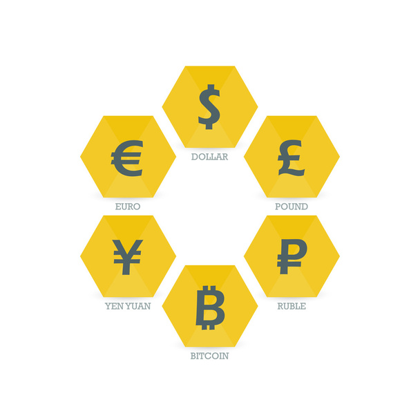 Euro Dólar Yen Yuan Bitcoin Rublo Libra Mainstream monedas símbolos en signo de círculo grunge. Plantilla gráfica de ilustración vectorial aislada sobre fondo blanco
. - Vector, Imagen
