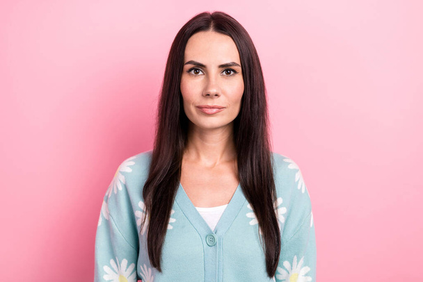 Photo of friendly adorable pretty woman with straight hairdo dressed blue cardigan look at camera isolated on pink color background. - Foto, imagen