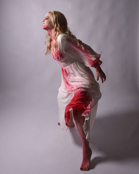  Täyspitkä muotokuva pelottava vampyyri zombie morsian, yllään tyylikäs halloween fantasia puku mekko verinen punainen maali roiske. seisomaan kävelevä asento. Eristetty studion taustalle  - Valokuva, kuva