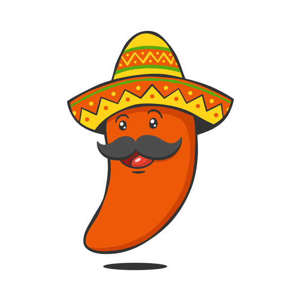 Söpö punainen chili pippuri sarjakuvahahmo meksikolainen sombrero hattu - Vektori, kuva