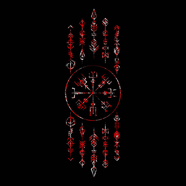 Outline straight and grunge old geometric ancient runic vertical symbols. Background with lines signs amulet - Vector, Image