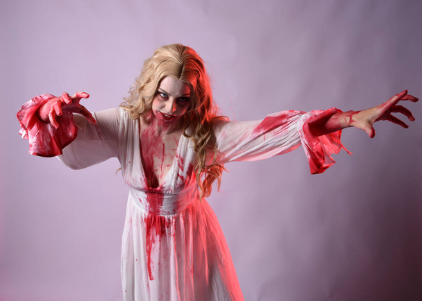 Gros plan portrait de vampire effrayant mariée portant élégant costume fantaisie halloween éclaboussures sanglantes. Isolé sur fond de studio avec les mains gestuelles tendues vers la caméra. - Photo, image