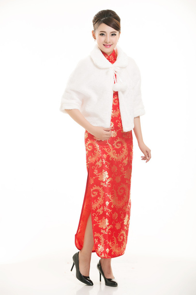 Vestindo garçom roupas chinesas na frente de um fundo branco - Foto, Imagem