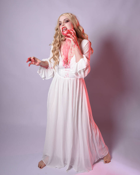  Πλήρες πορτρέτο της τρομακτικής νύφης ζόμπι βαμπίρ, φορώντας κομψό αποκριάτικο φόρεμα κοστούμι φαντασίας με αιματηρή κόκκινη μπογιά πιτσιλίσματα. όρθια στάση περπάτημα. Απομονωμένο σε λευκό φόντο στούντιο  - Φωτογραφία, εικόνα