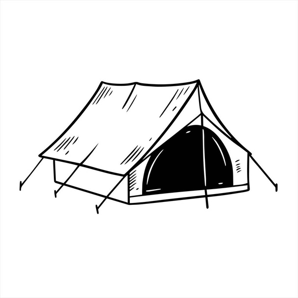 Kalandtábor sátor vázlat művészeti vektor illusztráció. Fekete-fehér színjel elszigetelt fehér háttér. - Vektor, kép