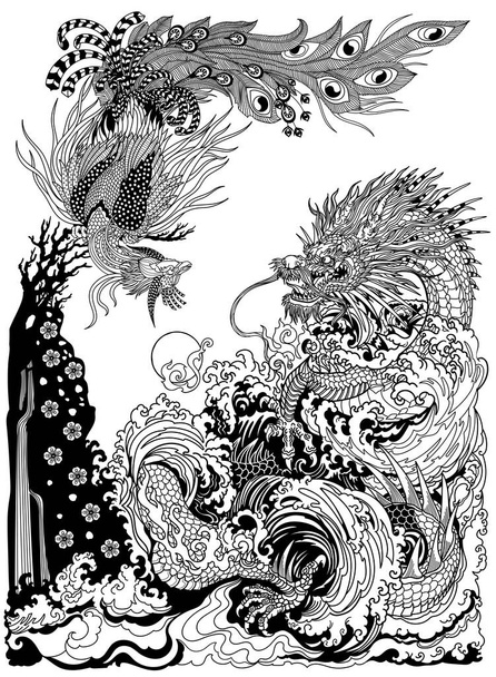 Дракон и Фэн Хуан или китайский феникс изображены играющими или гоняющимися за жемчужиной. Пейзаж с волнами водопада и цветущей сакурой. Тема фэн шуй. Вертикальное направление. Черно-белая векторная иллюстрация - Вектор,изображение
