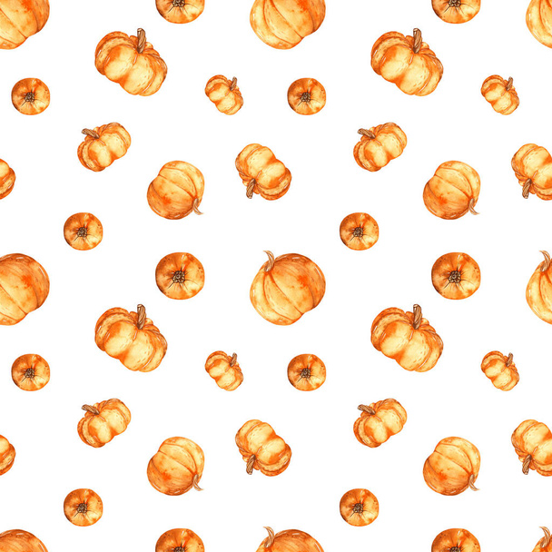 Orange pumpkins, autumn pattern, texture on a white background Watercolor seamless pattern  - Photo, Image