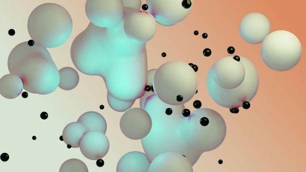 Liquid fluid dynamic abstract animated white metaball floating spheres blobs drops bubbles in transition deformation beige background with black little pearls 3d render for presentation business adds - Foto, Imagen