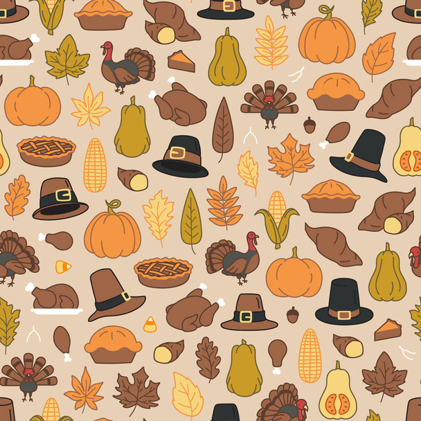 Płynny wzór dziękczynienia i jesieni związane rzeczy - Wektor, obraz