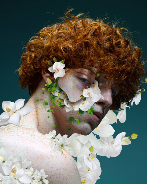 Freckled redhead young man with tender flowers around his face and body. Blooming feelings. Contemporary art collage. Concept of floral aesthetics, natural beauty, inspiration, abstract art, ad - Photo, image
