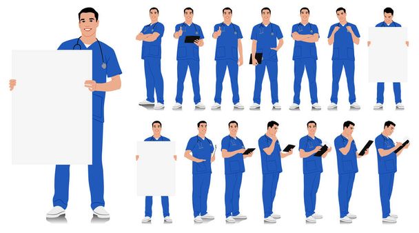 Hand-drawn healthcare worker. Happy smiling doctor with a stethoscope. Male nurse in blue uniform poses. Vector flat style illustration set isolated on white - Vector, Image