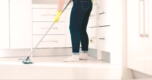 Mop, janitor dancing and cleaning floor for hygiene, disinfection and maintenance for health and housekeeping. Cleaner person, bacteria and tools for washing tiles, service and labor with cleanliness. - Footage, Video