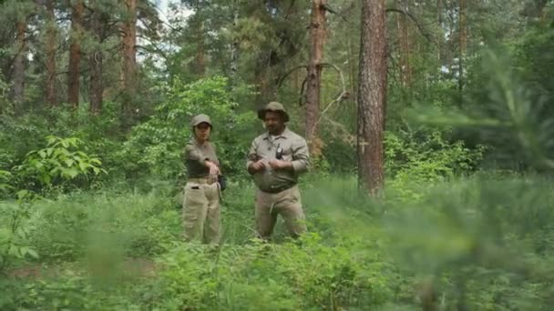 Πλήρης εικόνα δύο εθνοτικά διαφορετικών ανδρών και γυναικών δασοφυλάκων με στολές χακί να στέκονται στη μέση του ξύλου, να επιθεωρούν τη βλάστηση στις παρυφές του δάσους, να δείχνουν τριγύρω και να συζητούν θέματα εργασίας - Πλάνα, βίντεο