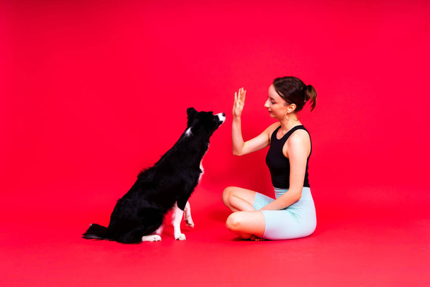 Λευκή γυναίκα εκπαιδεύει ένα σκύλο. Έννοια της σχέσης μεταξύ ανθρώπου και ζώου. - Φωτογραφία, εικόνα