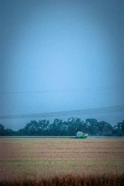 eine vertikale Aufnahme eines Feldes mit einem Auto und einem Baum im Hintergrund - Foto, Bild