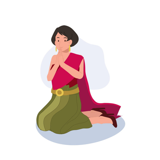 Koncepcja kultury tajskiej. Tajka kobieta w tradycyjnej sukni siedzi i modli się, robiąc wai. Gestra modlitewna - Wektor, obraz