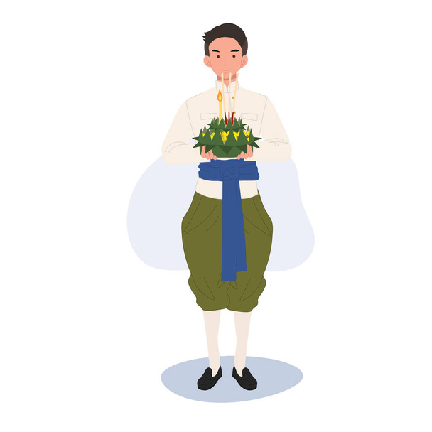 Thai Krathong festivaali Illustration. Mies perinteisessä puvussa pitelee Krathongia. Loy Krathong Perinteinen Festival Thaimaassa - Vektori, kuva