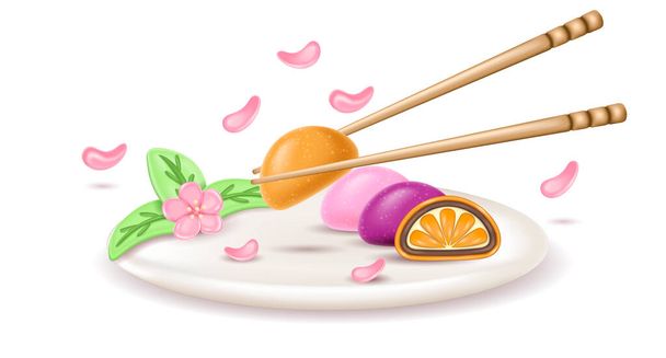 3d реалістичний японський різнокольоровий десерт Daifuku mochi на тарілці. півтора торта в рисовому тісті. Подача страви з квітами сакури і хаші тримає мочі - Вектор, зображення