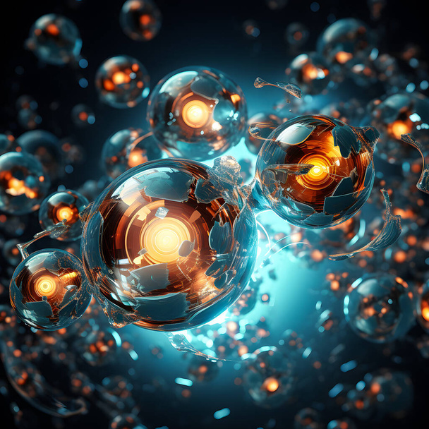 3d illustration of a transparent metaball with a huge number of parts on a black background. Digital metaball background of flying overflowing into each other shiny spheres. δημιουργία Ai - Φωτογραφία, εικόνα
