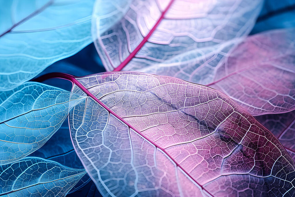 Macro leaves background texture blue, turquoise, pink color. Transparent leaves of the skeleton. generate Ai - Photo, Image