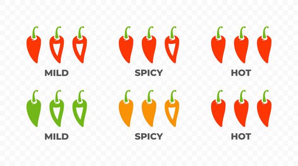 Forró chili paprika hő skála alacsony és magas logó design. Fűszeres chili paprika mérése csípős vektor kialakítása - Vektor, kép